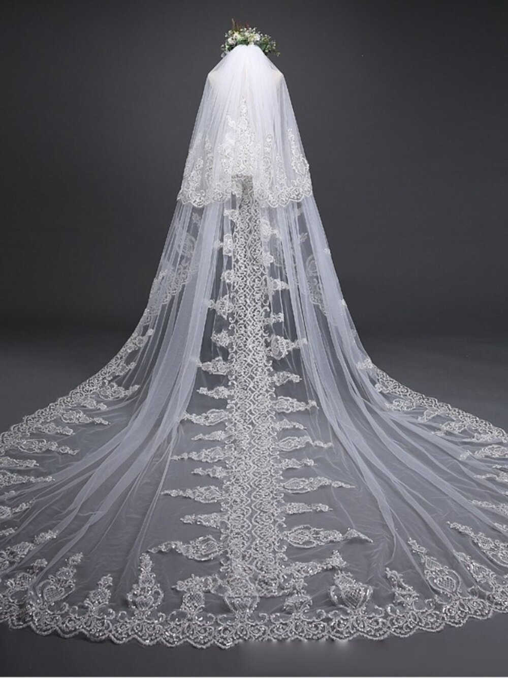 Long Cathedral Lace Applique Bridal Veil with Metal Comb
